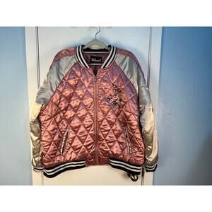 VTG Y2K Pink Quilted Satin Varsity Jacket 2X Embroidered Floral Mean Girls Boho